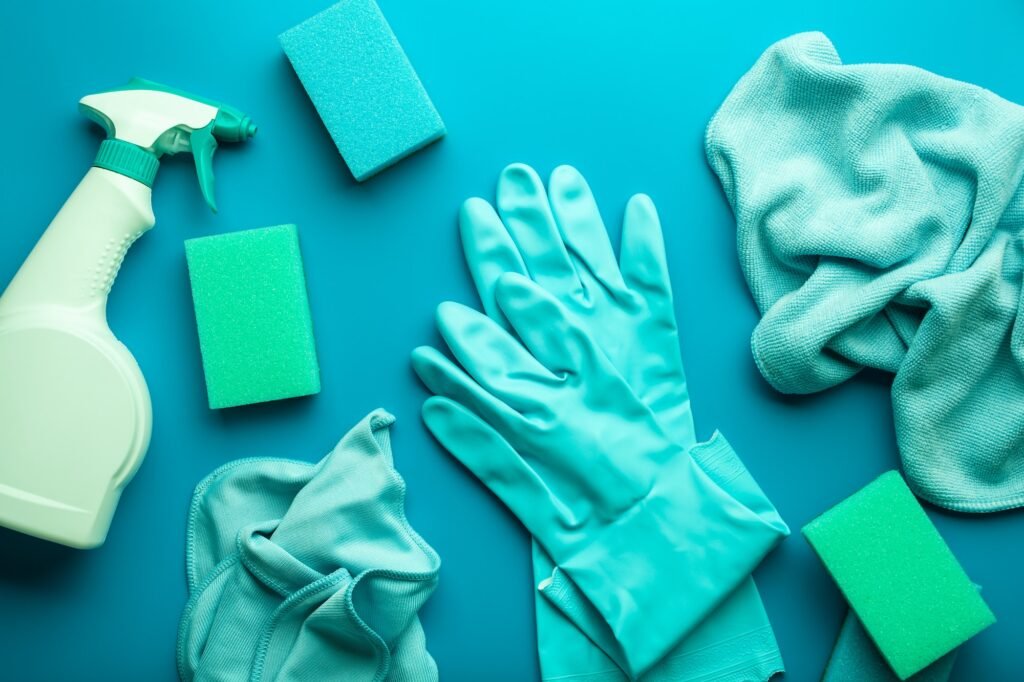 cleaning products household chemicals spray brush sponge glove